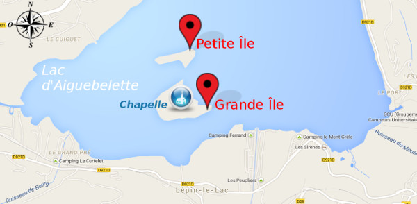 Plan des îles du lac d'Aiguebelette et chapelle