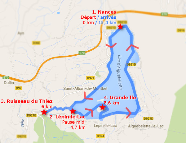 Plan du lac d'Aiguebelette et itinéraire